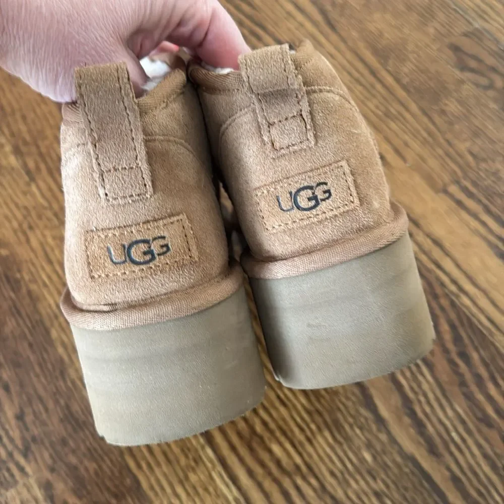 UGG CLASSIC MINI PLATFORM CHESTNUT SUEDE SHEEPSKIN WOMEN'S BOOTS SIZE 9